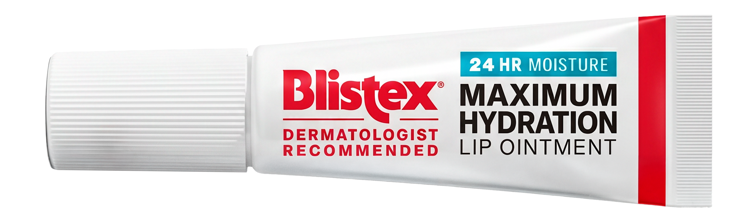 Blistex Maximum Hydration Lip Ointment tube with 24 HR Moisture and dermatologist recommended label, angled to the right.