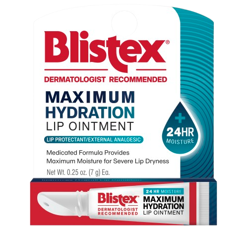 Blistex Maximum Hydration Lip Ointment box and tube labeled dermatologist recommended, 24HR moisture.