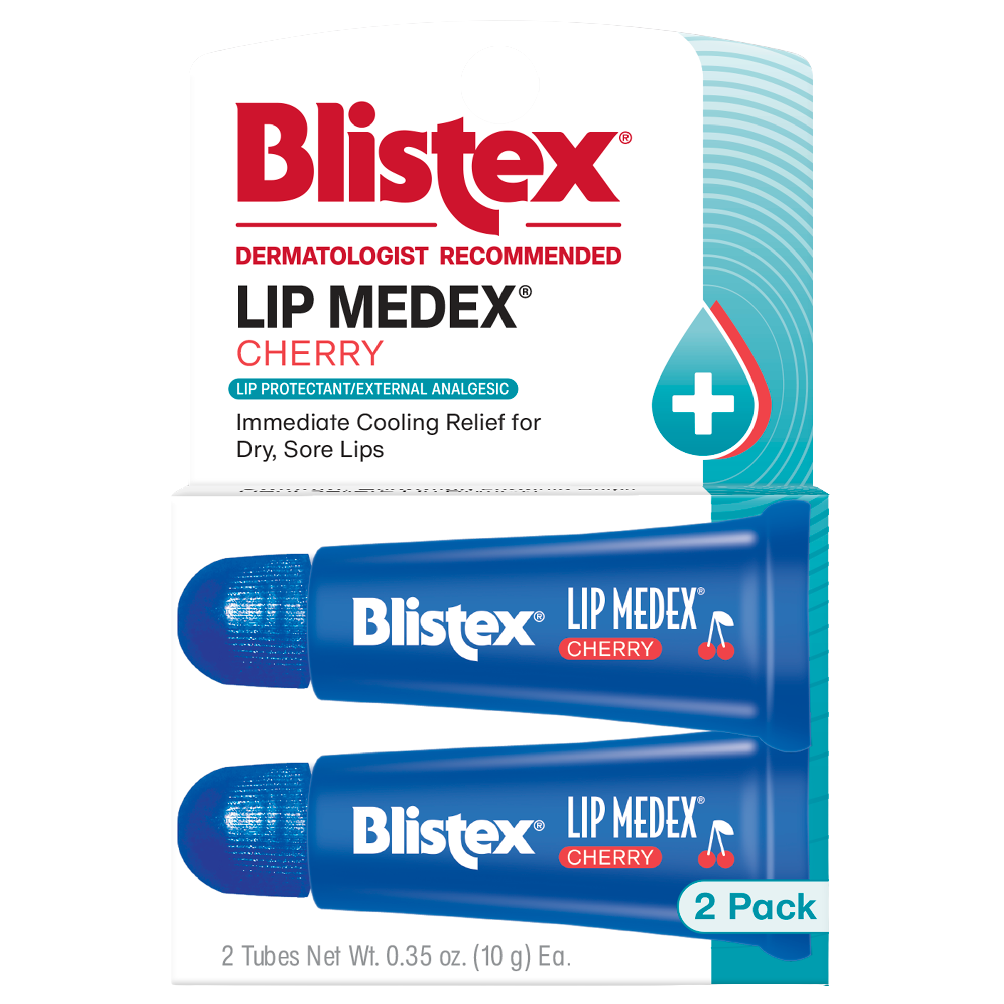 Front of Blistex Lip Medex Cherry lip balm packaging showing '2 Pack' label and cherry flavor text.