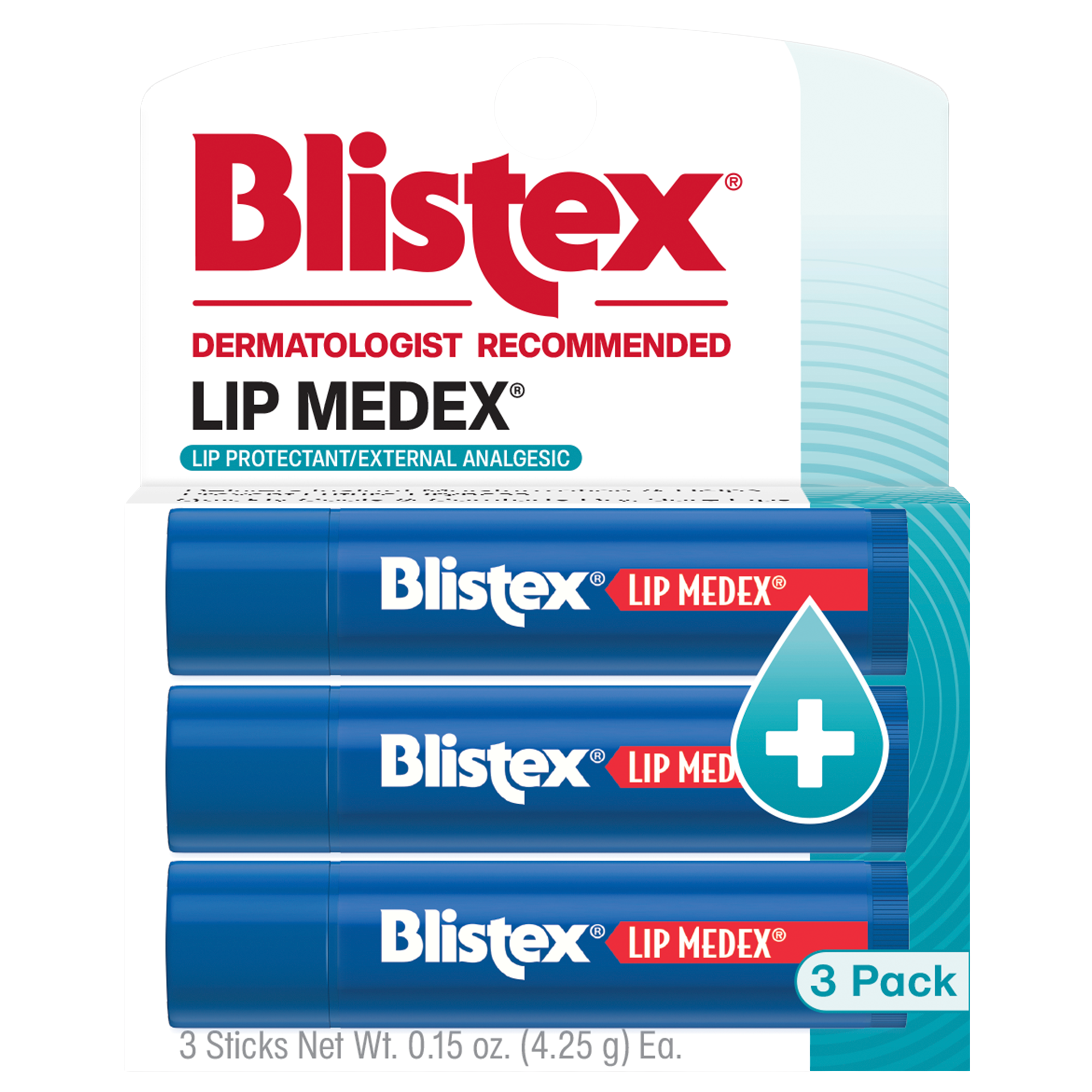 Blistex Lip Medex lip balm packaging with 3-pack label and blue tubes