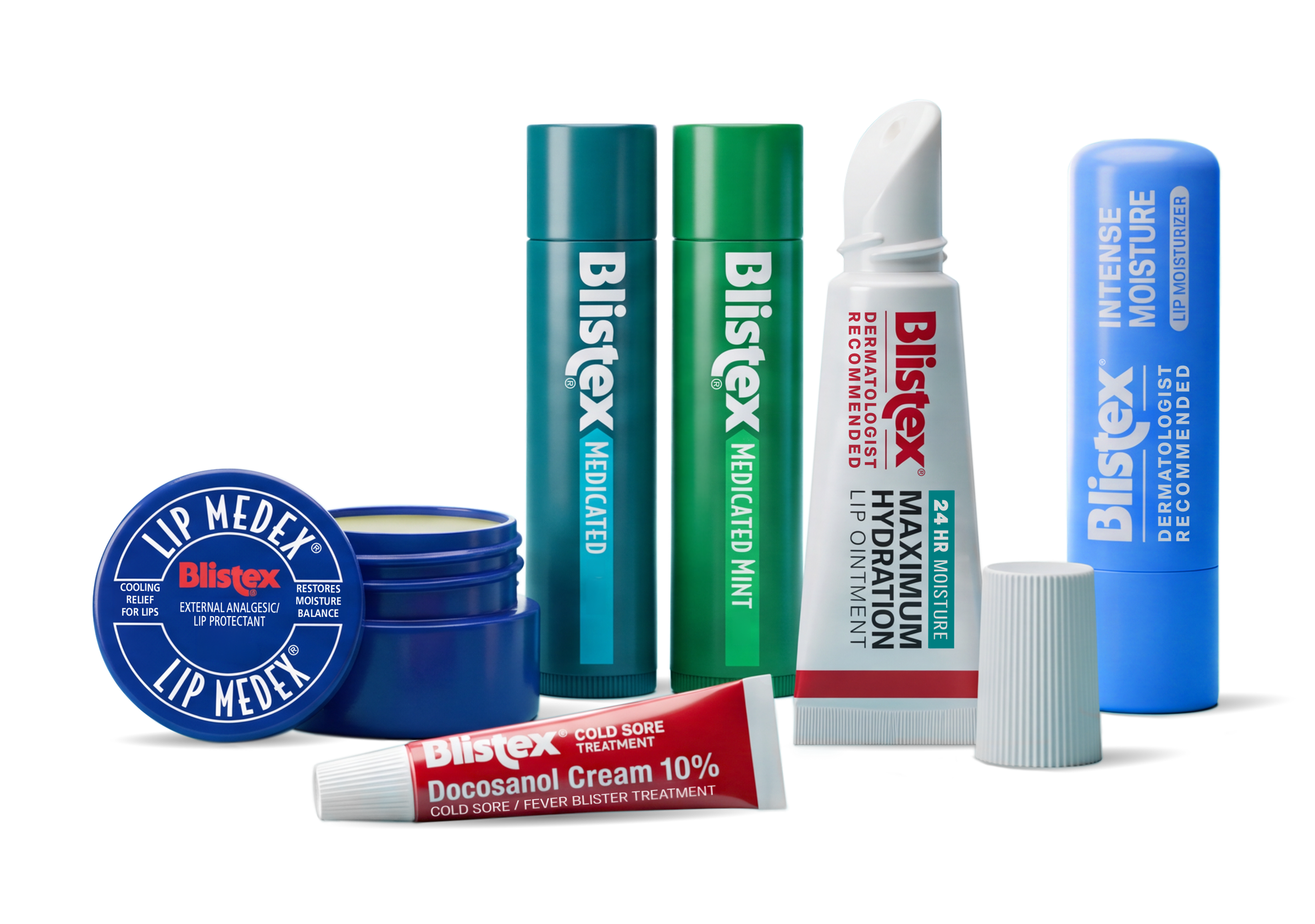 - Blistex Lipmatics in a tube
- Medicated mint in a tube
- Blistex Maximum Hydration Lip Ointment in a tube
- Blistex Docosanol cream 10% cold sore treatment in a tube
- Blistex Intense Moisture in a tube