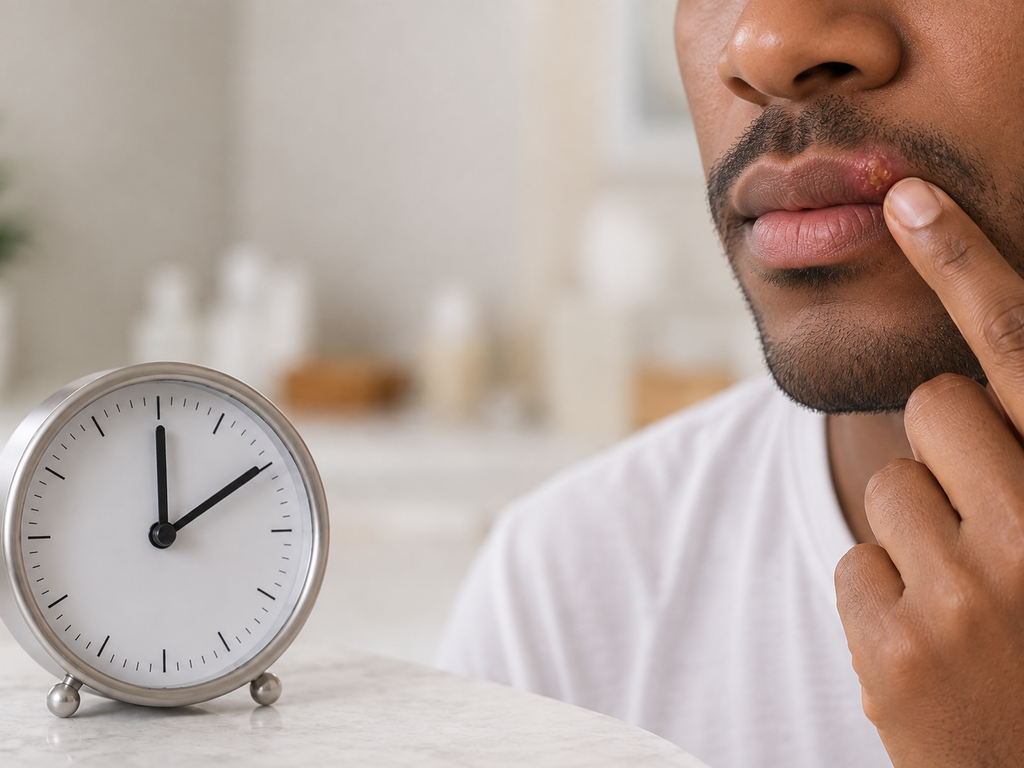 Man with coldsore next to clock blistex