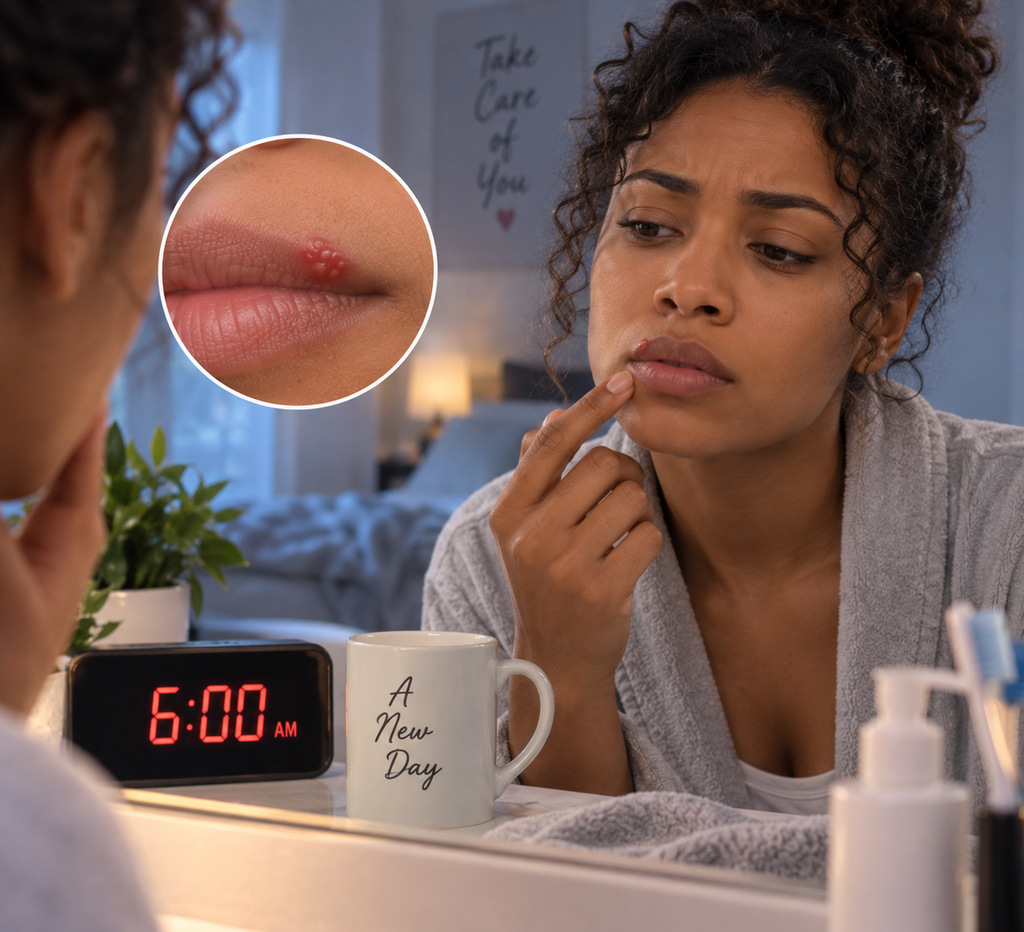Woman inspecting cold sore with detail bubble
